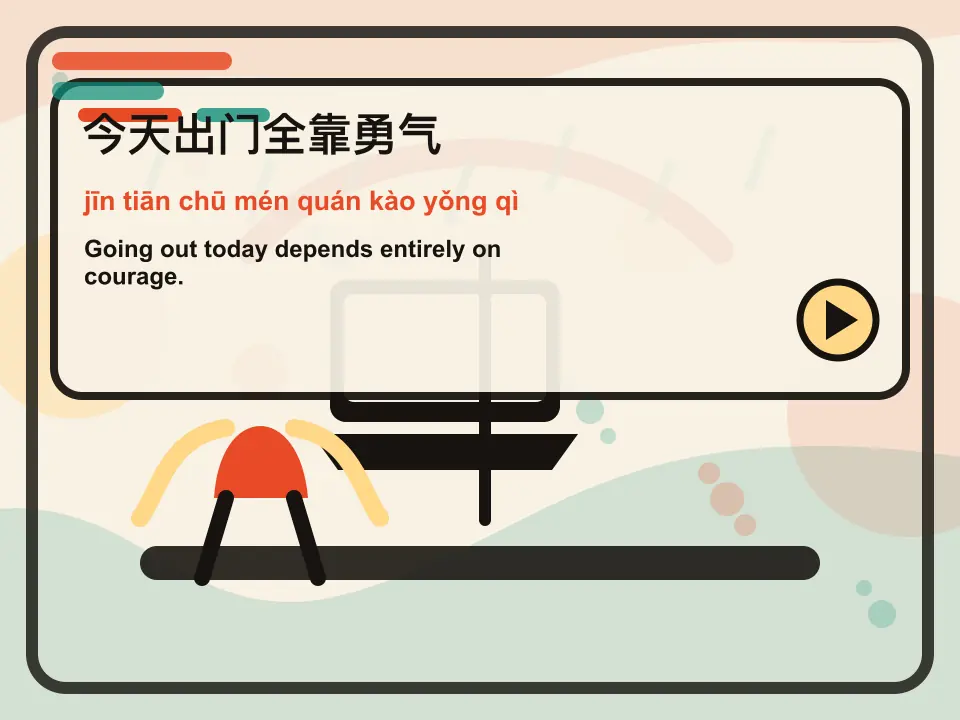 Editorial learning scene for the Mandarin expression 今天出门全靠勇气