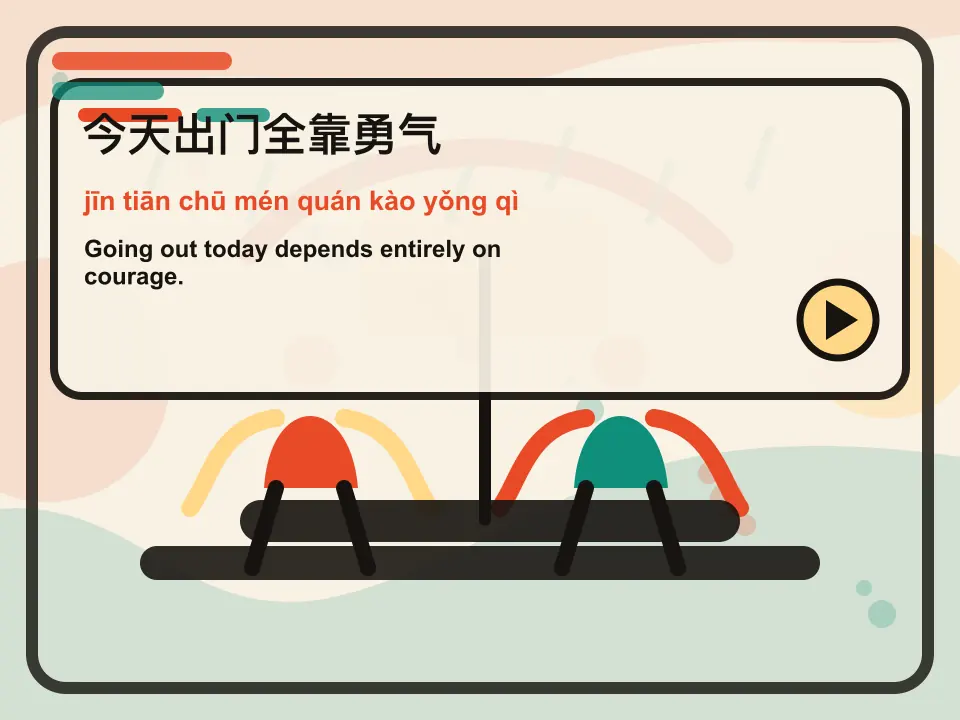 Editorial learning scene for the Mandarin expression 今天出门全靠勇气